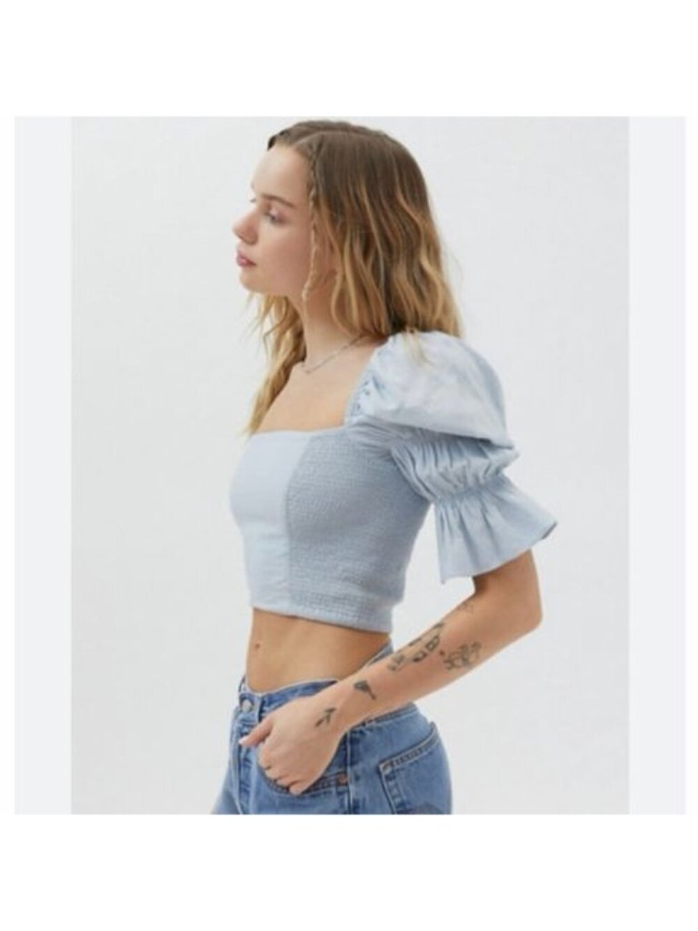 Urban Outfitters Chelsea Square Neck Crop Top Blue Puff Sleeve Smocked Medium